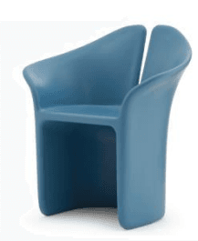 A modern, single-piece molded armchair in a matte blue finish. The chair features a continuous, ergonomic form with integrated armrests that flow seamlessly into the backrest. The backrest has a distinctive split or curved opening at the top, adding to its sculptural quality. The design is fluid and contemporary, suggesting it's made from a durable plastic or composite material. — 3D model