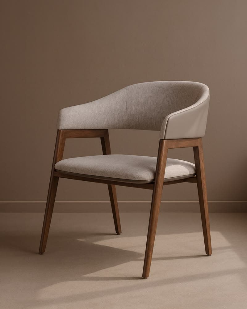 A modern upholstered armchair featuring a solid dark wood frame, a curved backrest with two-tone upholstery (fabric on the inside, smooth material on the outside), and integrated armrests. The chair has a comfortable upholstered seat and tapered legs. — 3D model