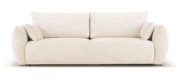 A contemporary two-seater sofa with a plush, textured upholstery. It features rounded, sculptural armrests and a low profile. The sofa is accompanied by three loose back cushions and two smaller accent pillows, all matching the main upholstery fabric. — 3D model