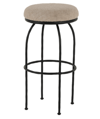 A tall bar stool featuring a round, upholstered beige fabric seat and a black wrought iron frame with an integrated circular footrest. — 3D model