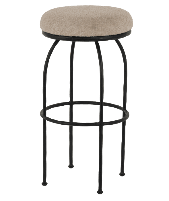 A tall bar stool featuring a round, upholstered beige fabric seat and a black wrought iron frame with an integrated circular footrest. — 3D model
