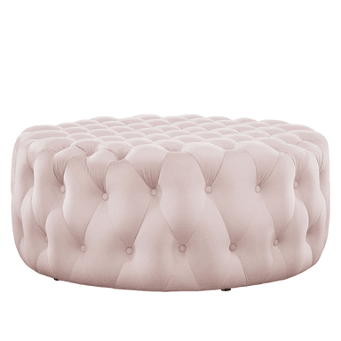 A circular, upholstered ottoman in a light pink velvet fabric, featuring deep button tufting across its entire surface, creating a classic, plush aesthetic. The tufting is consistent across the top and sides, giving it a uniform, luxurious texture. — 3D model