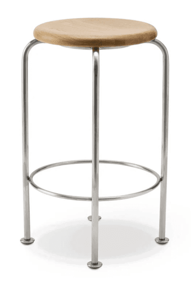 A modern bar stool featuring a round natural wood seat and a polished metal tubular frame with a circular footrest. — 3D model