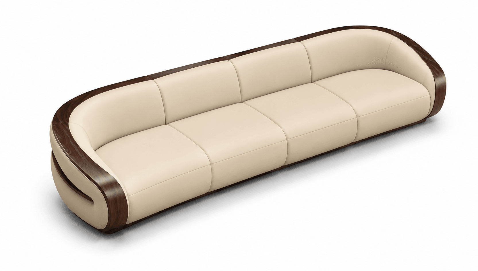 A long, contemporary sofa featuring a sleek, curved design with a prominent dark wood outer frame and cream-colored upholstered cushions. The sofa has four distinct seat and back cushions, suggesting a four-seater configuration. The wooden frame provides structural support and aesthetic appeal, curving gracefully from the back around to form the armrests. The sofa rests on a low-profile base, integrated into its overall design. — 3D model