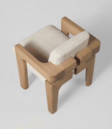 An armchair with a distinct contemporary design. The frame is constructed from light-colored wood with a visible grain, featuring robust legs and armrests. The seat and backrest are upholstered in a textured, off-white fabric that appears soft and plush. The design incorporates geometric shapes, with the wooden elements forming block-like structures that cradle the upholstered cushions. — 3D model