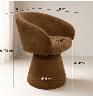 This is an upholstered swivel accent chair featuring a contemporary, seamless design. Its continuous, curved seat and backrest are covered in a rich, textured brown fabric, providing a cohesive and inviting aesthetic. The chair is supported by a substantial conical pedestal base, which is also fully upholstered in the matching fabric, enabling smooth 360-degree rotation. The design emphasizes a fluid, ergonomic shape suitable for lounging or as a statement piece. — 3D model
