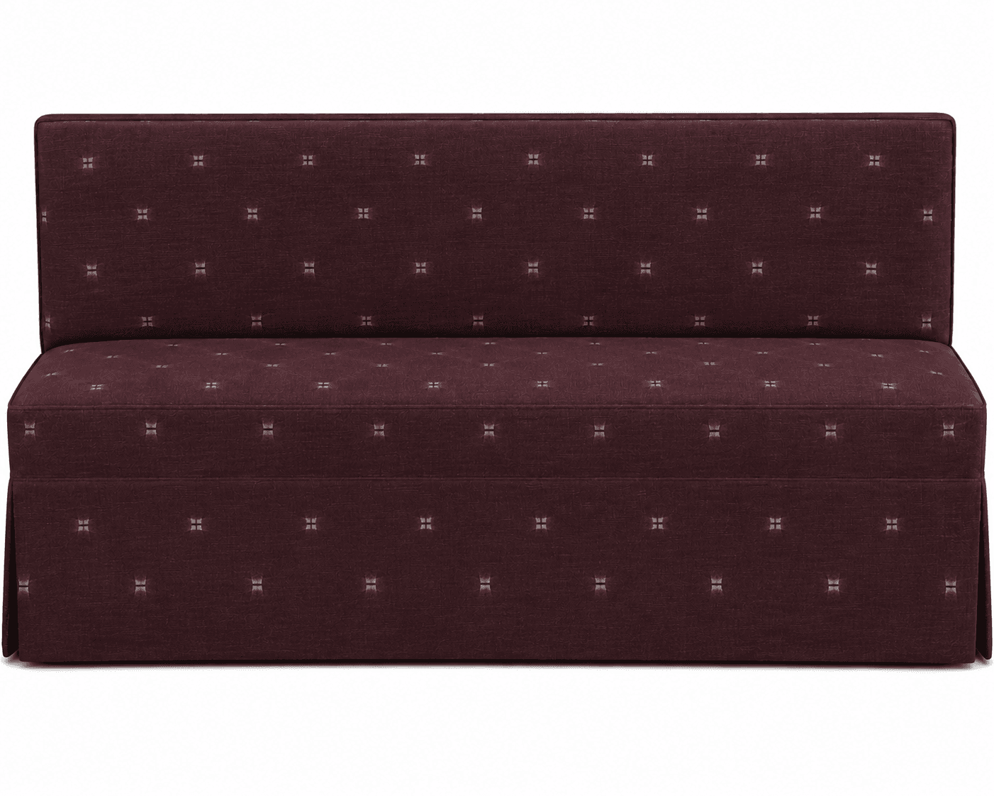 An upholstered, armless seating unit featuring a high, straight backrest and a skirted base. It is covered in a dark burgundy fabric with a subtle, repeating geometric pattern across all surfaces. The design suggests a functional piece of seating often found in dining or commercial environments. — 3D model