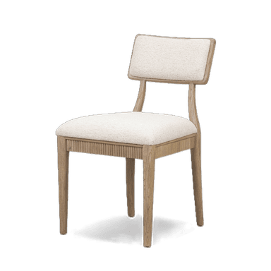 A dining chair with a wooden frame and upholstered seat and backrest. The seat and backrest are covered in a textured, light-colored fabric. The wooden frame has a light, natural finish and features a fluted design along the apron below the seat. The backrest is rectangular with gently rounded corners and is supported by two curved wooden uprights. — 3D model