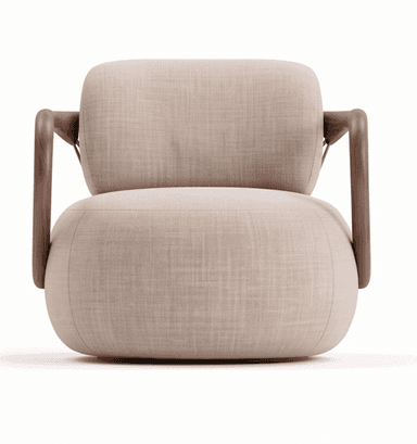 A contemporary lounge chair featuring a plush, rounded, upholstered seat and backrest, supported by an exposed wooden armrest frame and a unique metal rod and strap suspension system for the backrest. The design emphasizes organic forms and a sophisticated interplay of materials. — 3D model