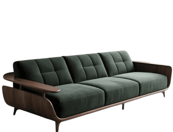 A modern three-seater sofa featuring dark green velvet upholstery and an exposed dark wood frame. The back cushions are channel-tufted, while the seat cushions are flat and divided into three sections. The wooden frame elegantly wraps around the sides, forming integrated armrests that extend to the back and base of the sofa. Slender wooden legs support the structure. — 3D model