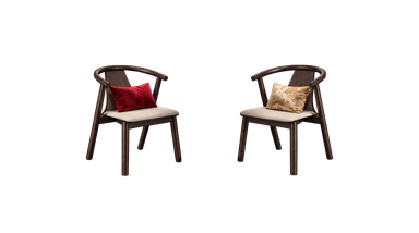 A dark wood dining chair with a curved backrest and light upholstered seat, featuring an integrated armrest design. — 3D model
