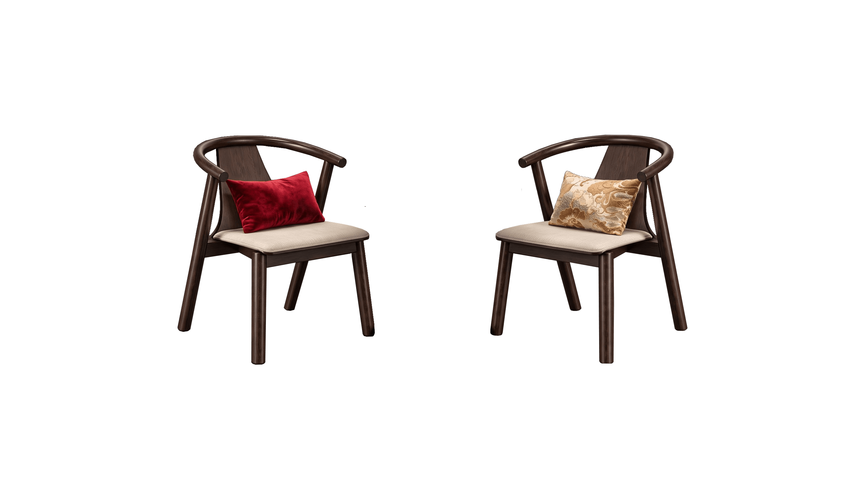 A dark wood dining chair with a curved backrest and light upholstered seat, featuring an integrated armrest design. — 3D model
