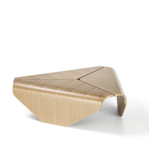 A low, light-toned bentwood table with a unique triangular form, featuring three distinct triangular sections on its top surface. Its edges are smoothly curved, and it rests directly on its bentwood base, creating a seamless, sculptural appearance. — 3D model