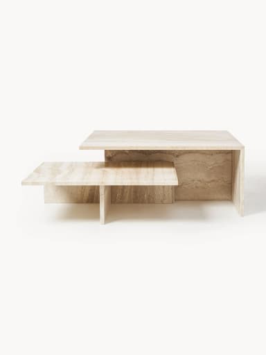 A two-tiered coffee table constructed from travertine stone. The table features a staggered shelf design, with the upper tier extending further forward than the lower tier. The material exhibits natural veining and color variations typical of travertine. — 3D model