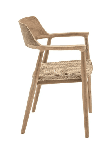 A wooden armchair with a woven seat and a curved backrest. The armchair features a solid wood frame with gently tapered legs and armrests. The seat is a woven rush or natural fiber material, providing a textural contrast to the smooth wood. — 3D model