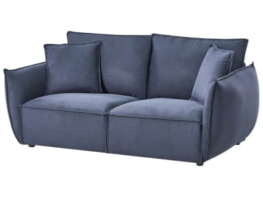 A contemporary two-seater sofa upholstered in a slate blue or dark grey fabric, featuring a compact design with gently rounded track arms and a low profile. It includes two plush seat cushions and multiple loose back cushions for comfort. — 3D model