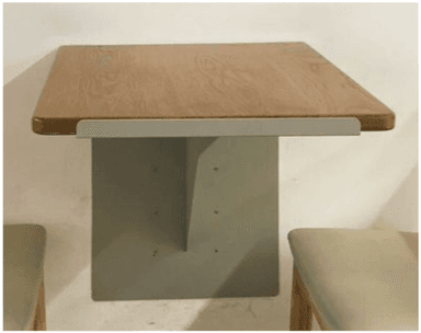 A minimalist wall-mounted shelf featuring a light-toned wooden top with rounded corners, supported by a contrasting light grey L-shaped bracket. A thin grey trim is visible along the front edge of the wooden surface, providing a clean and contemporary aesthetic. — 3D model
