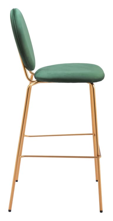 A modern bar stool with a velvet upholstered seat and backrest. The seat is circular and padded, while the backrest is a larger, vertically oriented circle. It is supported by four slender, angled legs made of metal, which are connected by a horizontal footrest. — 3D model