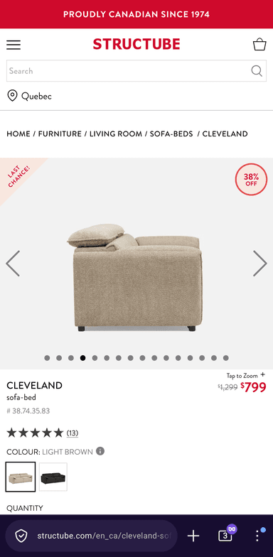 A light brown, contemporary sofa bed composed of modular sections, upholstered in a textured fabric. It features a low-profile design with multiple plush cushions forming the seat and backrests, giving it a relaxed aesthetic. The sofa includes individual padded components that suggest reconfigurability or conversion for sleeping. Small, dark, recessed feet are visible at the base. — 3D model