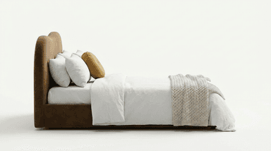 A modern upholstered bed featuring a distinctive wavy headboard and a low-profile frame. The bed is covered in a rich, brown velvet-like fabric, presenting a soft and luxurious appearance. It is dressed with clean white bedding, including two standard pillows and a duvet, accented by a round mustard-colored velvet pillow and a chunky knit beige throw blanket draped across the foot of the bed. The overall design emphasizes organic shapes and contemporary elegance. — 3D model