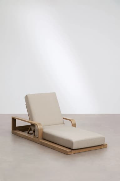 A modern outdoor chaise lounge featuring a low-profile wooden frame with integrated armrests and an adjustable slatted backrest, topped with thick, light-colored fabric cushions. — 3D model