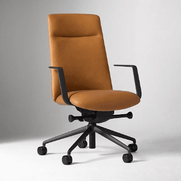 A modern high-back office chair with tan leather upholstery, matte black metal frame, integrated armrests, and a five-star wheeled base with adjustable features. — 3D model