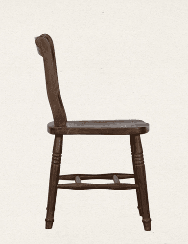 A traditional dark brown wooden chair featuring a simple, sturdy design. It has turned front legs and a straight, slightly curved backrest with a single decorative spindle element. The seat is solid and shaped for comfort. — 3D model