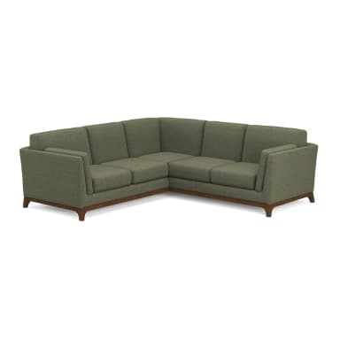 A contemporary L-shaped sectional sofa upholstered in olive green fabric, featuring a minimalist design with an exposed dark wooden frame and tapered legs. — 3D model
