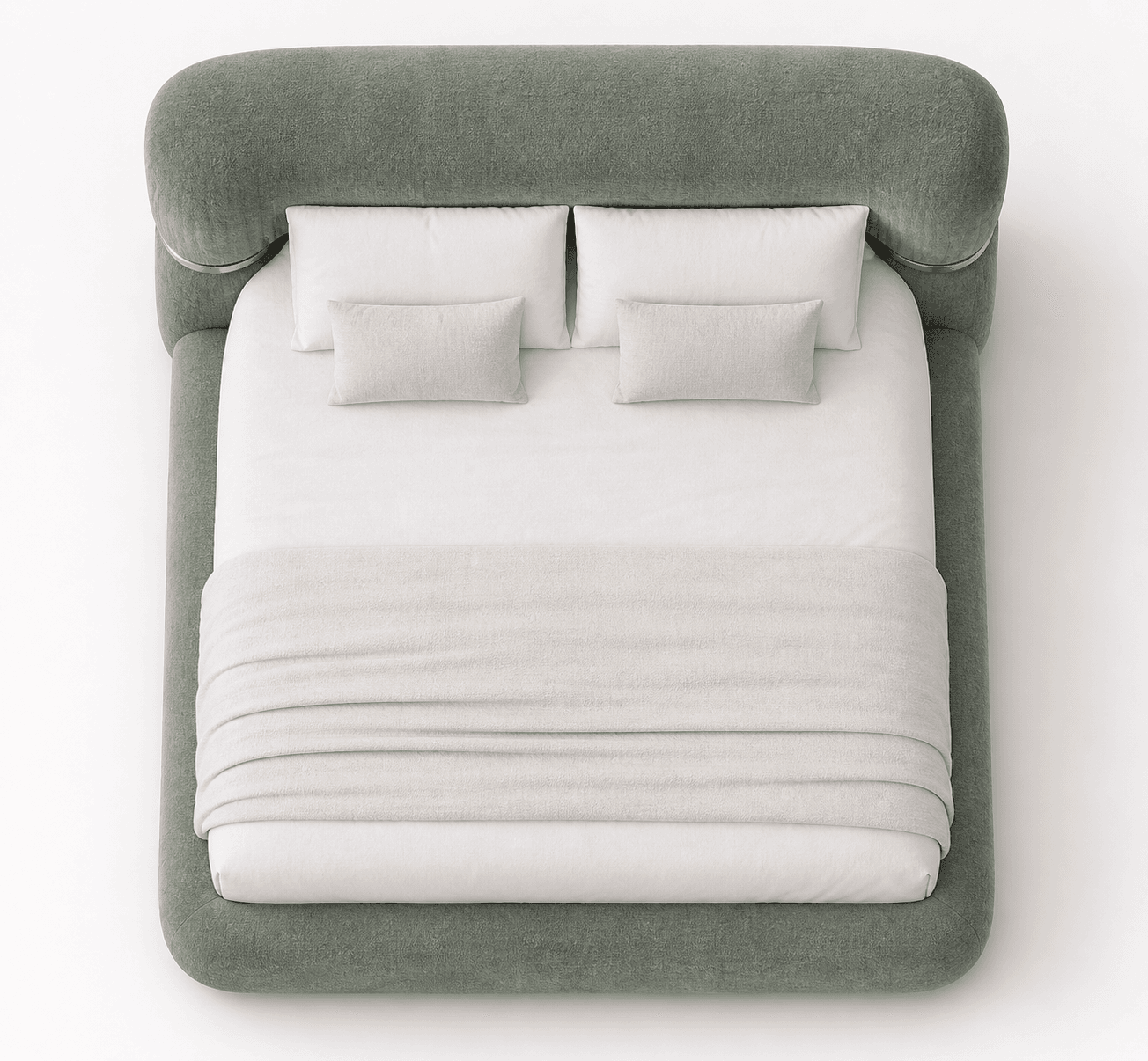 A modern upholstered bed frame with a soft, rounded silhouette. The headboard extends partially down the sides and features subtle gold-toned accents at the upper corners. The bed is dressed with white linens, two large white pillows, two smaller decorative pillows, and a folded beige throw blanket. — 3D model