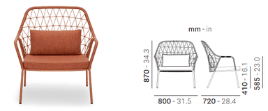 A contemporary outdoor lounge armchair featuring a terracotta-colored powder-coated metal frame. The backrest and armrests are constructed from an intricate open weave of a matching terracotta synthetic rope, forming a geometric pattern. It is fitted with removable seat and back cushions upholstered in a coordinating fabric. The chair stands on four slender, slightly splayed legs. — 3D model