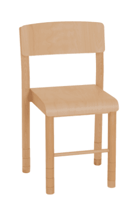 A simple wooden chair with a curved backrest and a square seat. The chair has four cylindrical legs, with horizontal bands carved into the lower section of each leg. A thin wooden rod connects the front two legs, providing structural support. — 3D model