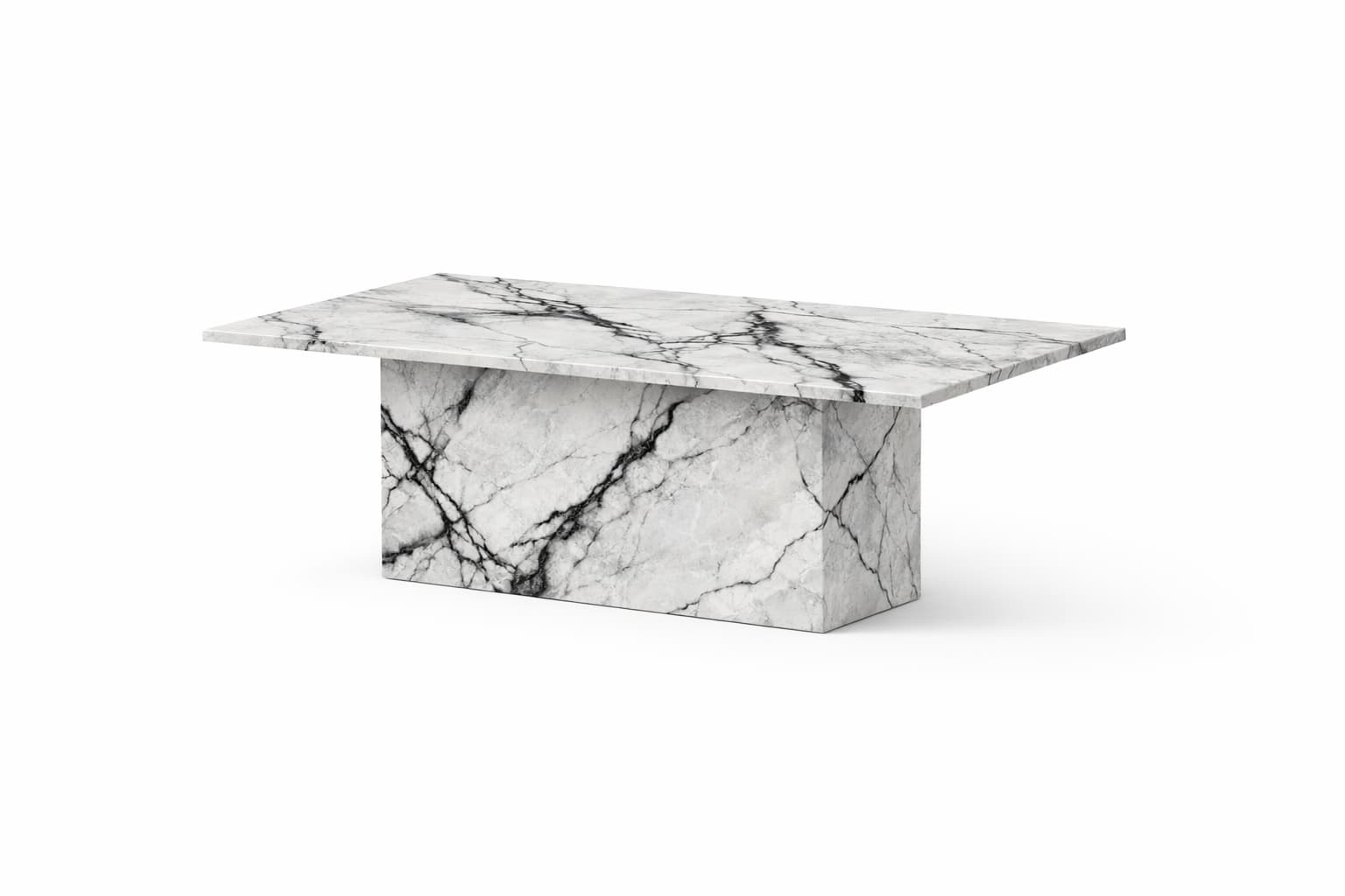 A rectangular coffee table with a monolithic pedestal base. The table top is a flat slab supported by a single, solid block that serves as the base. The entire piece is constructed from marble with a prominent veining pattern. — 3D model