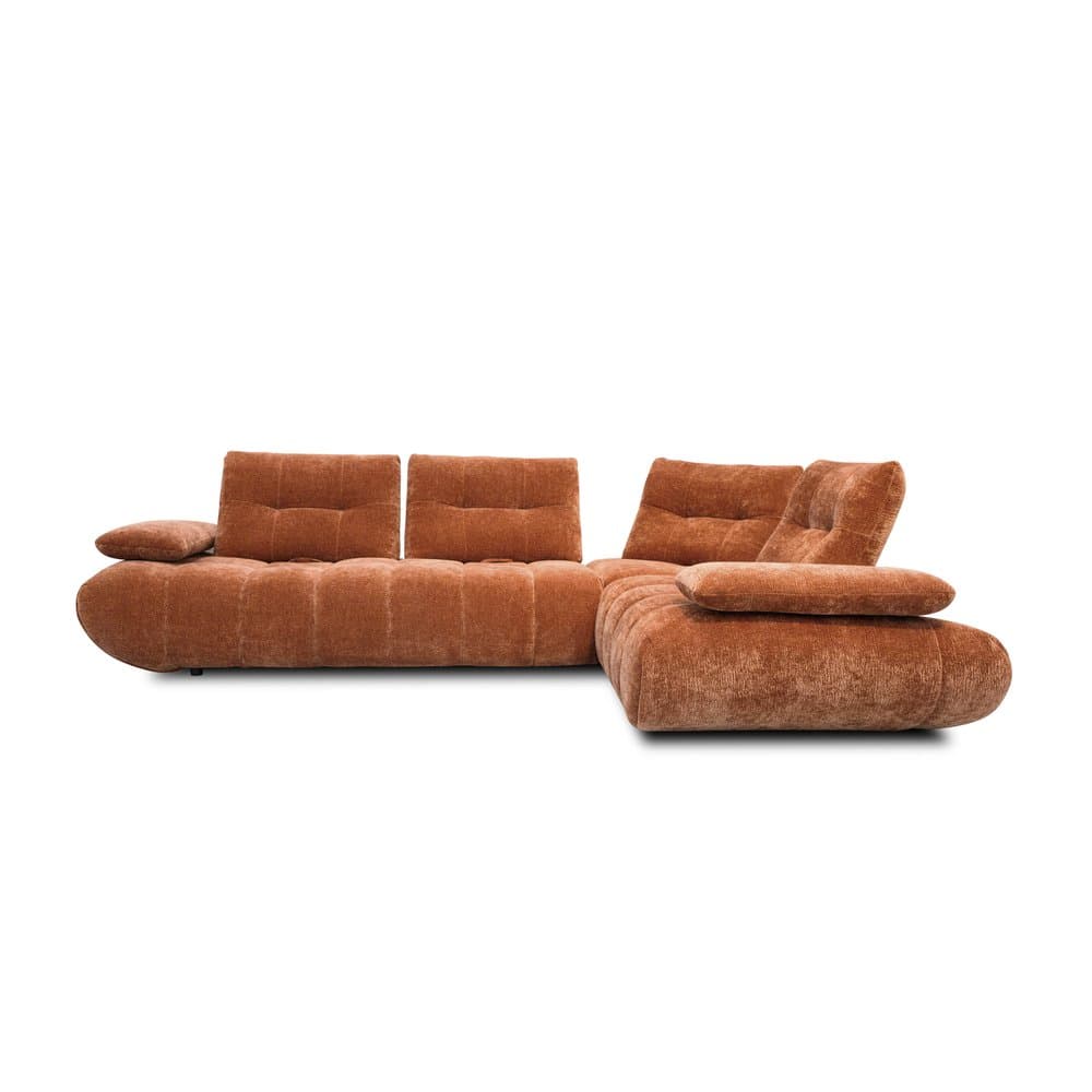 An L-shaped sectional sofa featuring deep, tufted cushions upholstered in a rich, textured rust-colored fabric, likely a velvet or chenille. The design is contemporary with a plush and inviting appearance, suitable for comfortable lounging. — 3D model