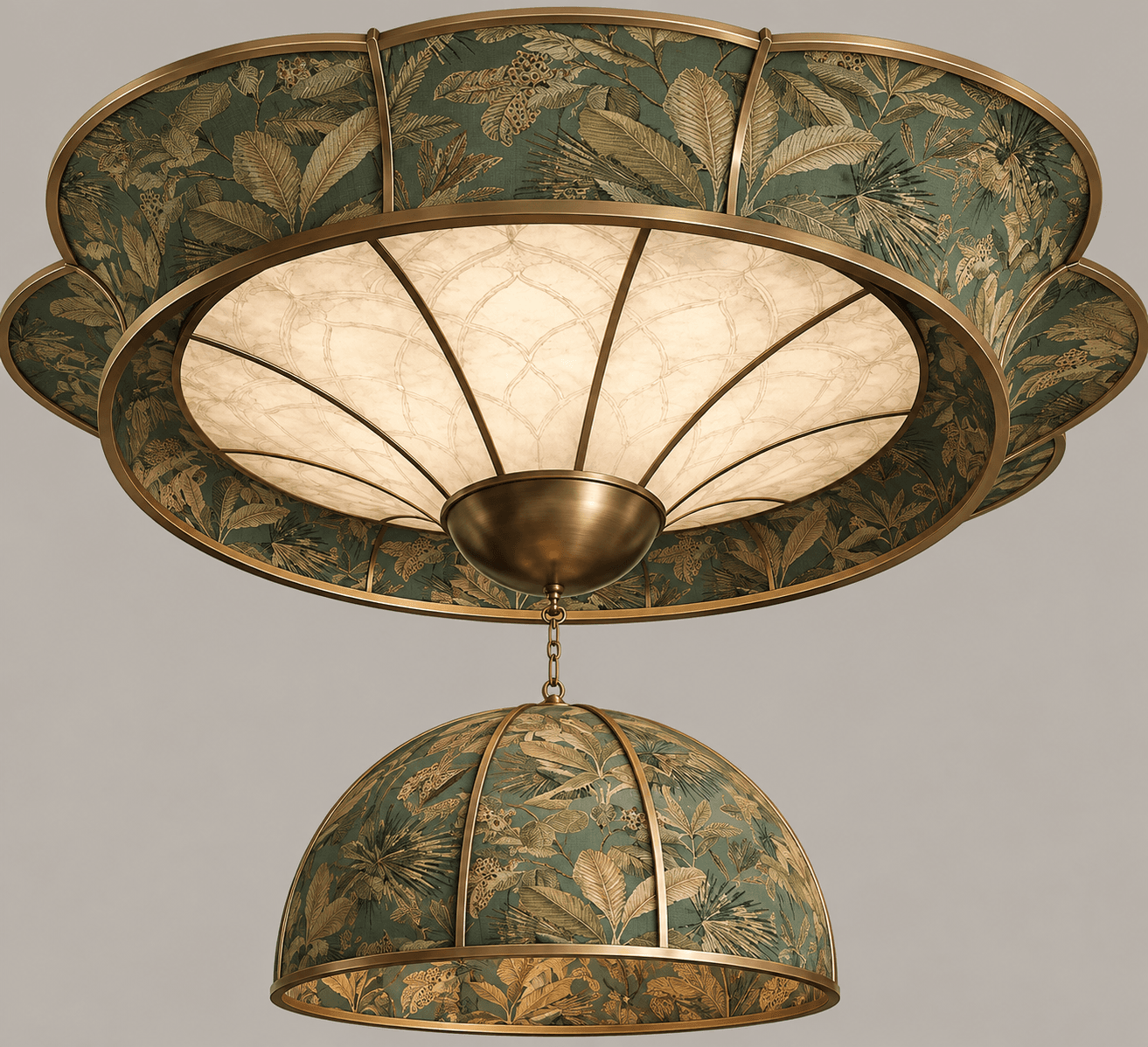 A decorative tiered ceiling light fixture featuring an elaborate design. The upper component is a wide, scalloped semi-flush mount with a central frosted light diffuser. Its exterior is covered in dark green fabric adorned with a detailed botanical and jungle-themed print, framed by antiqued brass-toned metal. Suspended from the center of this main fixture by a short chain is a smaller, inverted dome-shaped shade, which is also upholstered in the matching botanical print fabric and framed with brass accents. — 3D model