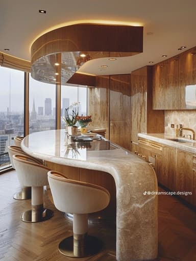 A modern home bar unit featuring a light wood overarching structure with an integrated upper shelf, and a curved, white and grey veined marble countertop. The bar is accompanied by three backless, upholstered bar stools with cream fabric seats and brass-finished bases. The design is sleek and contemporary, emphasizing clean lines and luxurious materials. The wooden structure forms a 'C' shape, providing support for the marble counter and an extended upper surface. — 3D model
