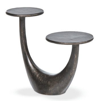 A dark-colored, metallic end table with a sculptural, U-shaped base supporting two circular tabletops at different heights. The surface has a textured, weathered finish. — 3D model