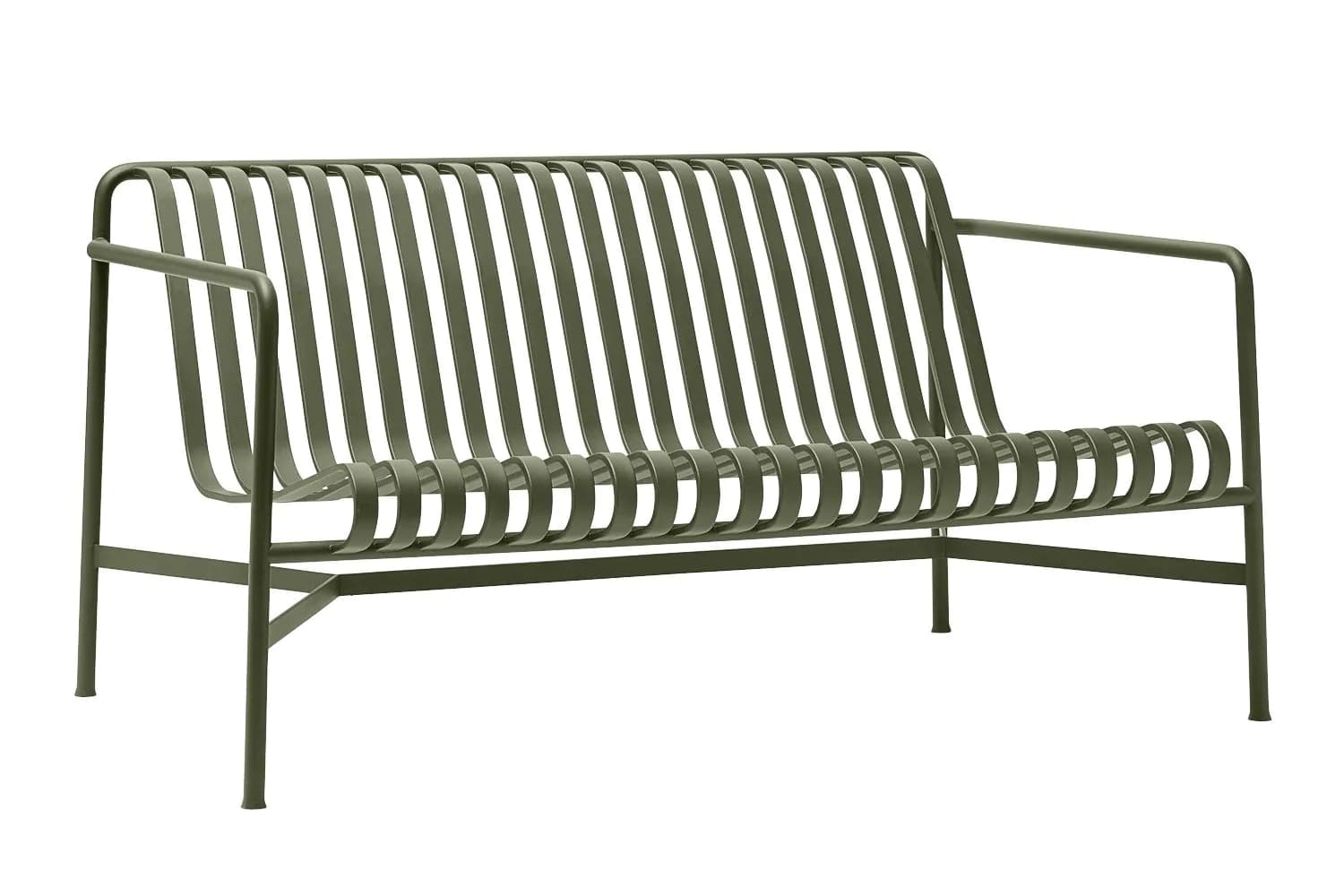 A modern outdoor bench with a minimalist design. The frame and seating surface are constructed from tubular metal, formed into numerous vertical slats for the backrest and curved horizontal slats for the seat. It features a simple geometric silhouette with armrests and four slender legs. — 3D model