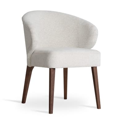 A modern upholstered armchair featuring a curved barrel-back design with integrated armrests and supported by dark wooden legs. The chair is fully upholstered in a light, textured fabric. — 3D model