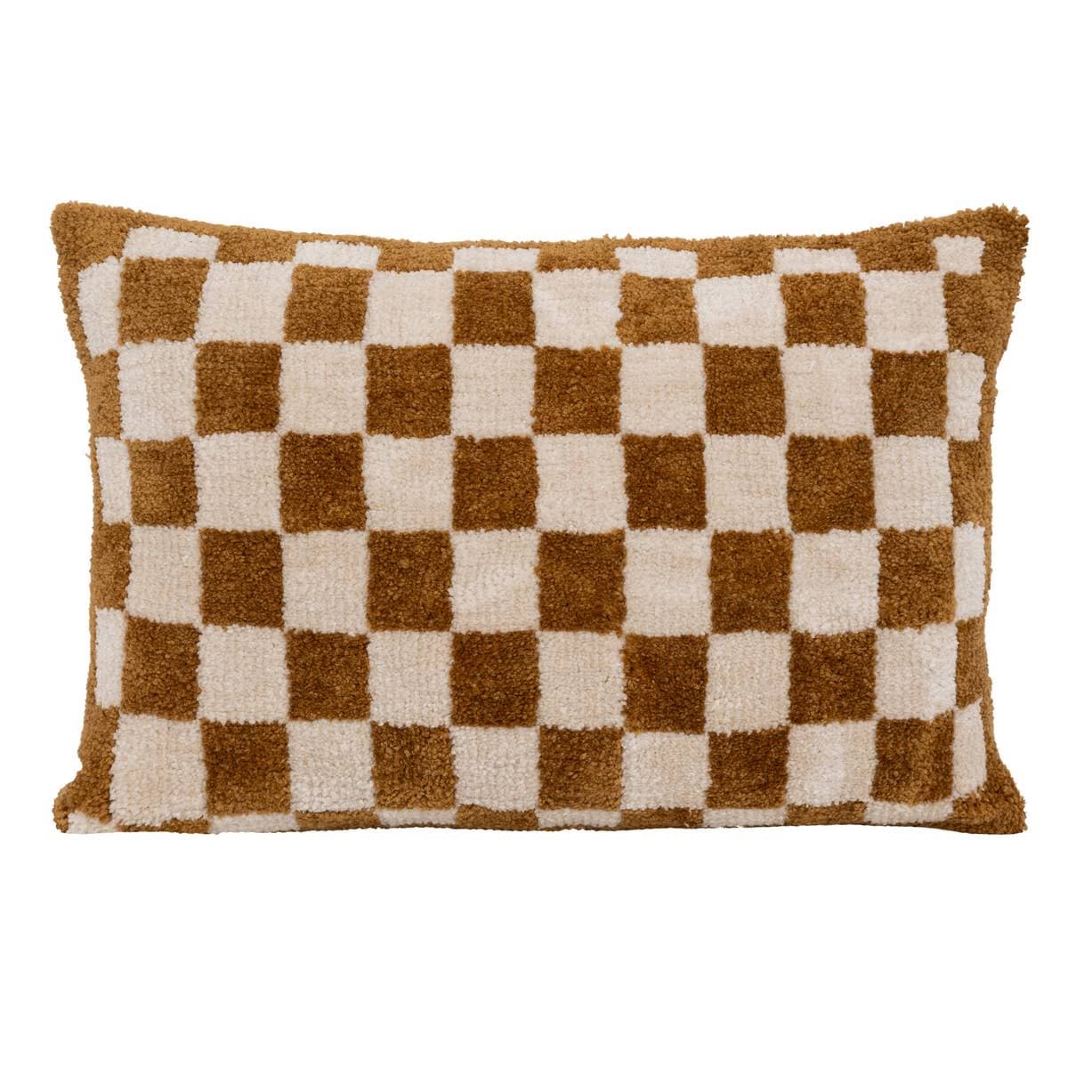 A rectangular cushion featuring a checkerboard pattern with alternating squares of brown and off-white. The texture appears to be plush or shaggy. — 3D model