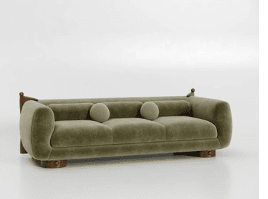 A stylish bench featuring plush olive green velvet upholstery with decorative stud accents, framed by distinctively sculpted dark wood end pieces and base. The wood elements exhibit a rich, warm tone. — 3D model