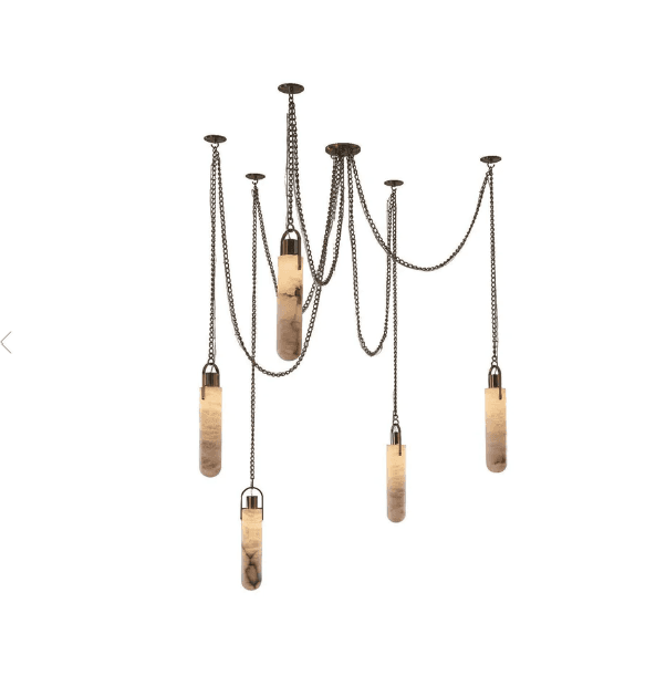 A sophisticated multi-pendant chandelier featuring five cylindrical alabaster shades suspended at varying heights by dark metal chains. The chains connect to a central ceiling plate and several individual ceiling roses, creating a graceful, draped effect. The translucent alabaster emits a warm, diffused light, highlighting the natural veining of the stone. The metal hardware and chains appear to be an antique brass or bronze finish. — 3D model