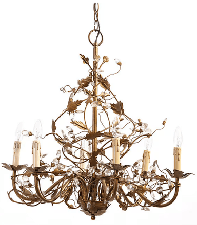 A decorative chandelier designed to resemble a floral or vine motif. It features a central stem from which multiple arms extend, holding candle-shaped light fixtures. The structure is adorned with metal leaves and numerous clear, faceted crystal or glass embellishments that mimic dew drops or flower buds. It is suspended by a metal chain. — 3D model