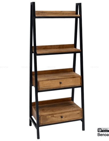 A tall, narrow, industrial-style shelving unit featuring a black metal A-frame structure and four tiers of wooden shelves, two of which incorporate storage drawers with dark knobs. — 3D model