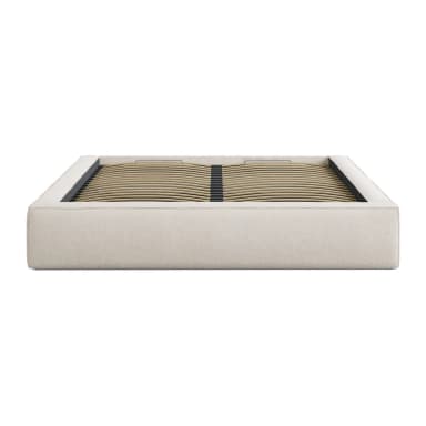 A minimalist, upholstered platform bed frame featuring a light beige, textured fabric. The frame has a low profile, with clean, straight lines, and does not include a headboard or footboard. The interior reveals a wooden slatted base system designed to support a mattress directly, negating the need for a box spring. The design emphasizes simplicity and a contemporary aesthetic. — 3D model