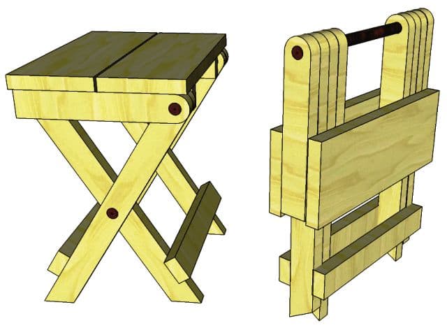 A wooden folding stool rendered in light wood, shown both in its open, ready-to-use state with an X-frame base, and in its collapsed, portable state featuring an integrated carry handle. — 3D model