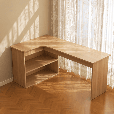 An L-shaped corner desk made of light wood-tone laminate, featuring integrated open shelving. — 3D model