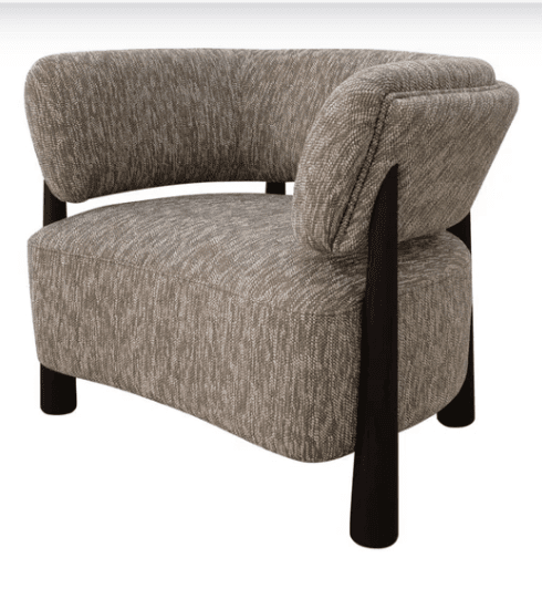 A contemporary accent chair featuring an asymmetrical design with a single wide armrest. The chair is fully upholstered in a textured gray and off-white fabric, presenting a heathered appearance. It has a deeply curved backrest and a rounded seat profile. The chair is supported by dark, tapered wooden legs that are visible and extend from the base and backrest structure, giving it a modern and sculptural quality. — 3D model