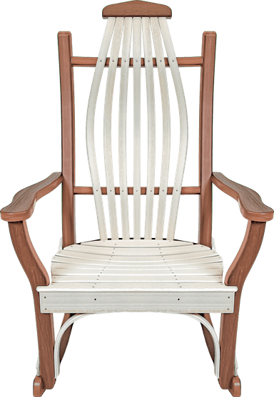 A robust rocking chair designed with an Adirondack aesthetic, featuring a two-tone construction. The frame is a dark brown, possibly wood or wood composite, while the seat and backrest consist of lighter, cream-colored slats. The backrest slats are vertically oriented and gently curved for ergonomic support, and the seat slats are arranged horizontally with a slight contour. Broad, curved armrests provide comfort, and the base incorporates traditional rocking runners. — 3D model