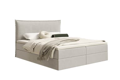 A light grey upholstered platform bed featuring an integrated rectangular headboard and a two-part base supporting a mattress and bedding. The design is contemporary and minimalist. — 3D model
