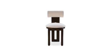 A wooden chair with an upholstered seat and backrest. The chair features a solid wood frame with a rectangular central support that has two cut-out rectangular openings. The seat is round and upholstered in a light-colored fabric. The backrest is also upholstered and has a horizontal, elongated rectangular shape. — 3D model